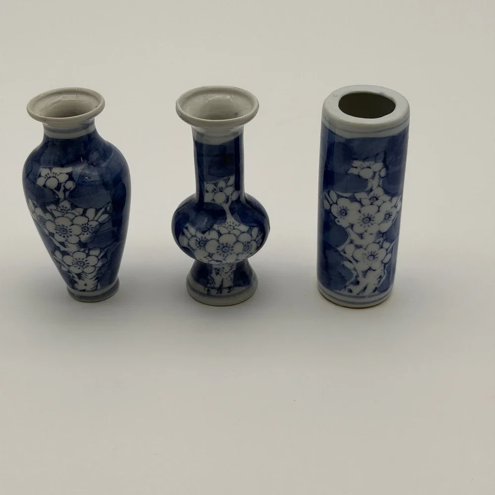 Set of 3 Blue and White Porcelain Miniature Bud Vases Cherry Blossom Floral